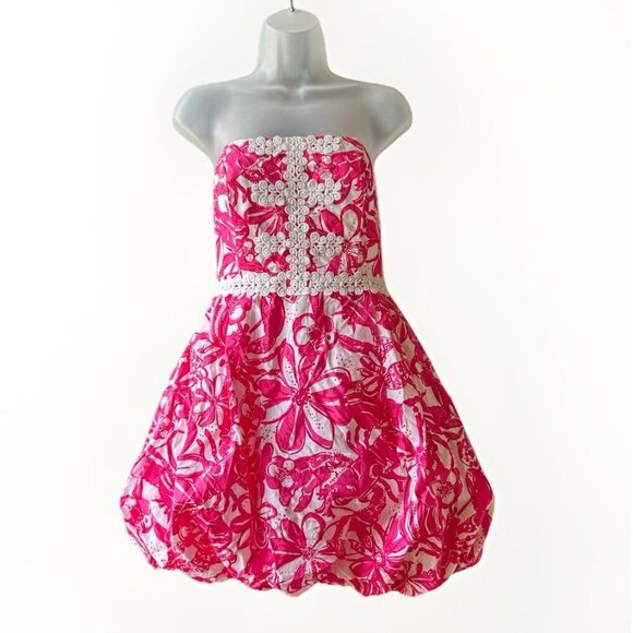 Lilly Pulitzer Regency Strapless Bubble Dress Pink White Floral Women's Size 6 - Picture 1 of 8